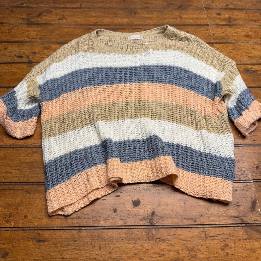 Altar'd State Striped Knit Sweater Loose Fit Cropped Beige Peach Blue‎ Size S M